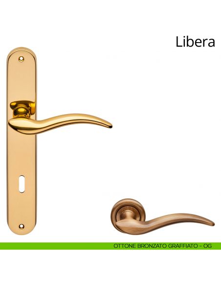 Maniglia con placca per porta Libera Linea Calì - ottone bronzato graffiato - foro patent
