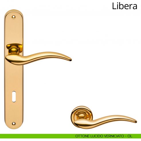 Maniglia con placca per porta Libera Linea Calì - ottone lucido verniciato - foro patent