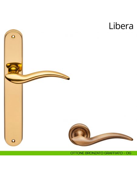Maniglia con placca per porta Libera Linea Calì - ottone bronzato graffiato - placca cieca