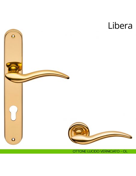 Maniglia con placca per porta Libera Linea Calì - ottone lucido verniciato - foro yale