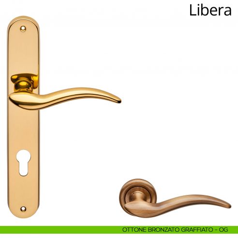 Maniglia con placca per porta Libera Linea Calì - ottone bronzato graffiato - foro yale
