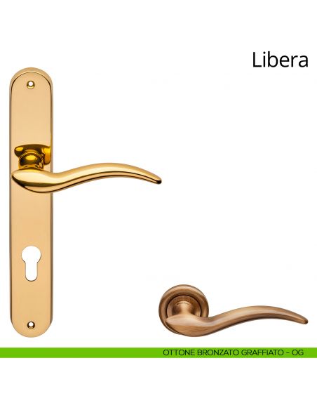 Maniglia con placca per porta Libera Linea Calì - ottone bronzato graffiato - foro yale