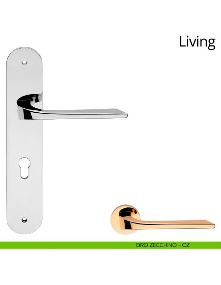 Maniglia con placca per porta Living Linea Calì - oro zecchino - foro yale