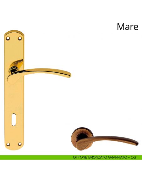 Maniglia con placca per porta Mare Linea Calì - ottone bronzato graffiato - foro patent