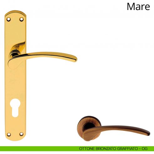 Maniglia con placca per porta Mare Linea Calì - ottone bronzato graffiato - foro yale