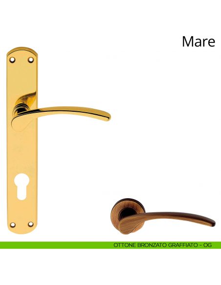 Maniglia con placca per porta Mare Linea Calì - ottone bronzato graffiato - foro yale