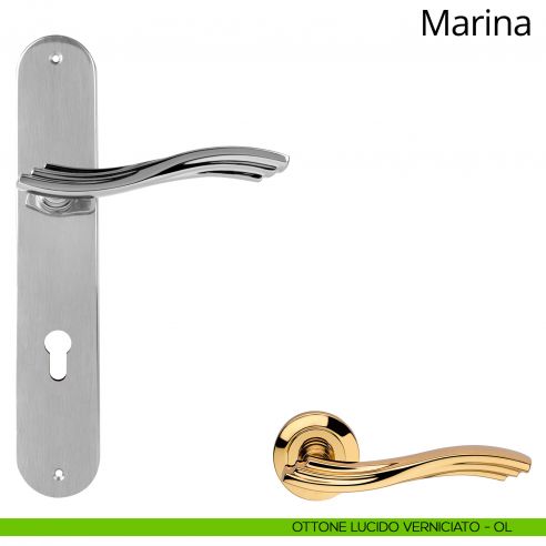 Maniglia con placca per porta Marina Linea Calì - ottone lucido verniciato - foro yale