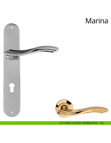 Maniglia con placca per porta Marina Linea Calì - ottone lucido verniciato - foro yale