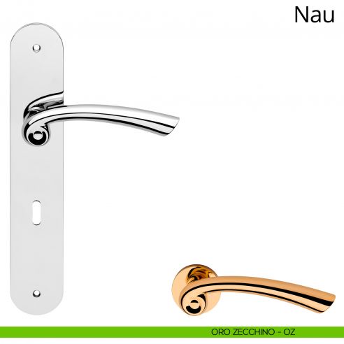 Maniglia con placca per porta Nau Linea Calì - oro zecchino - foro patent