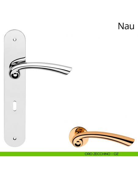 Maniglia con placca per porta Nau Linea Calì - oro zecchino - foro patent