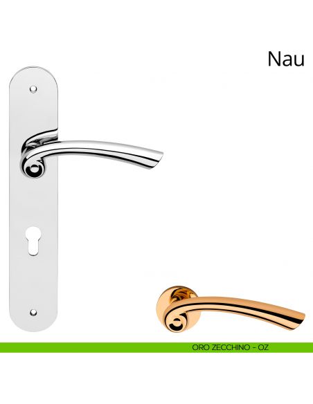 Maniglia con placca per porta Nau Linea Calì - oro zecchino - foro yale