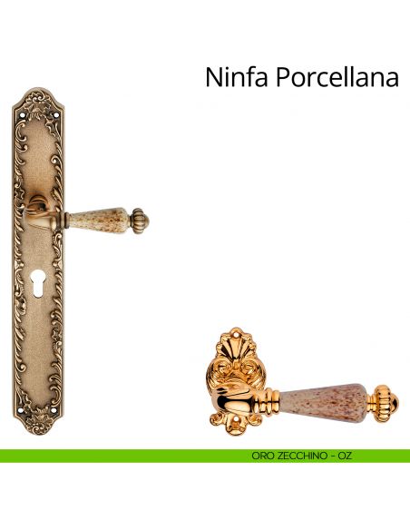Maniglia porcellana con placca big per porta Ninfa Porcellana Linea Calì - oro zecchino - foro yale