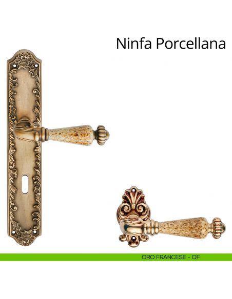 Maniglia porcellana con placca small per porta Ninfa Porcellana Linea Calì - oro francese - foro patent