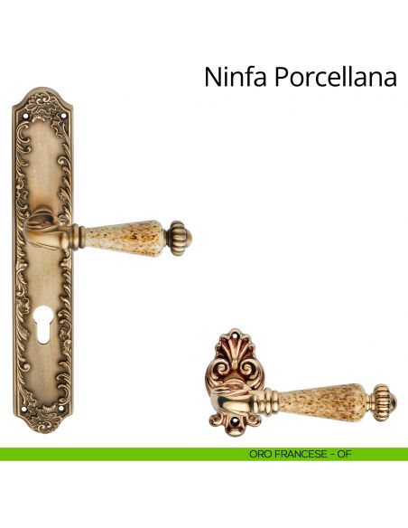Maniglia porcellana con placca small per porta Ninfa Porcellana Linea Calì - oro francese - foro yale