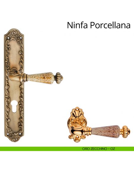 Maniglia porcellana con placca small per porta Ninfa Porcellana Linea Calì - oro zecchino - foro yale