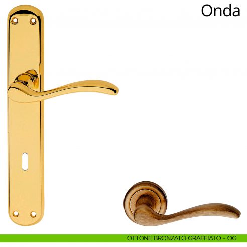 Maniglia con placca per porta Onda Linea Calì - ottone bronzato graffiato - foro patent