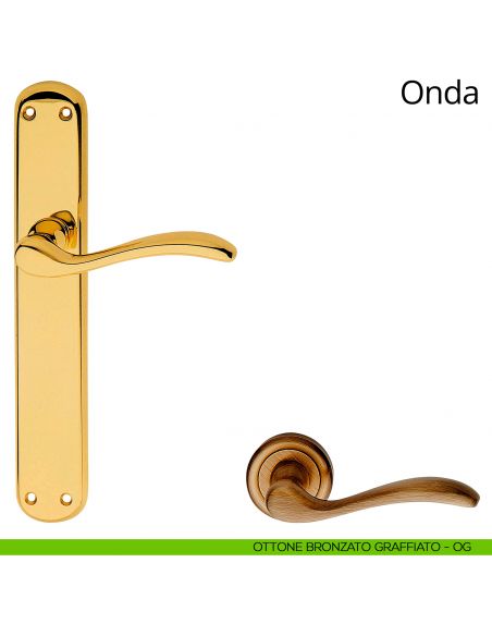 Maniglia con placca per porta Onda Linea Calì - ottone bronzato graffiato - placca cieca
