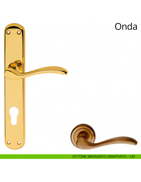 Maniglia con placca per porta Onda Linea Calì - ottone bronzato graffiato - foro yale
