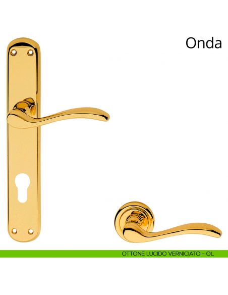 Maniglia con placca per porta Onda Linea Calì - ottone lucido verniciato - foro yale