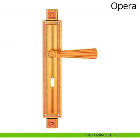 Maniglia con placca per porta Opera Linea Calì - oro francese - foro patent