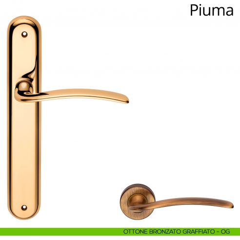Maniglia con placca per porta Piuma Linea Calì - ottone bronzato graffiato - placca cieca