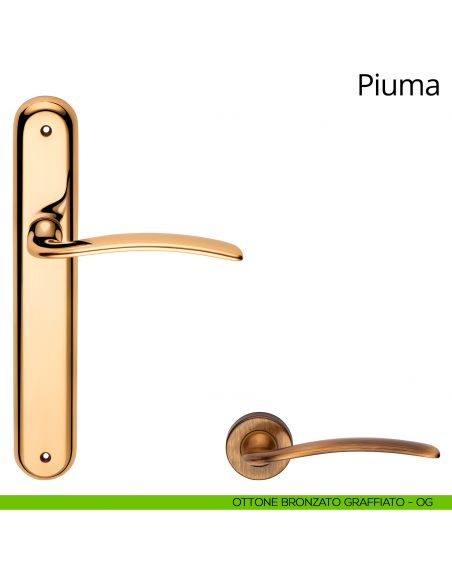 Maniglia con placca per porta Piuma Linea Calì - ottone bronzato graffiato - placca cieca