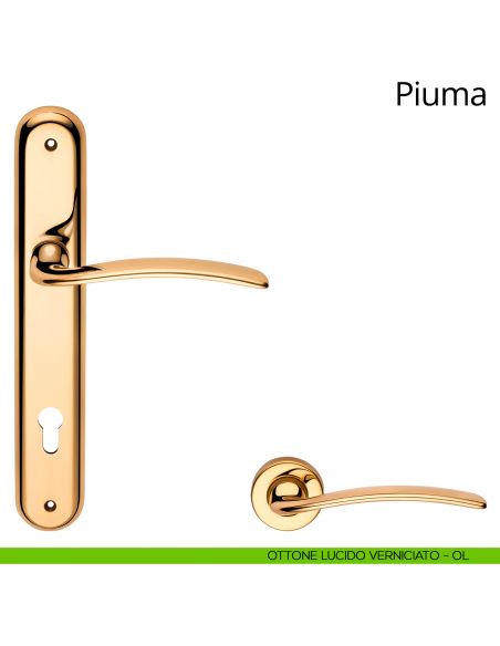 Maniglia con placca per porta Piuma Linea Calì - ottone lucido verniciato - foro yale