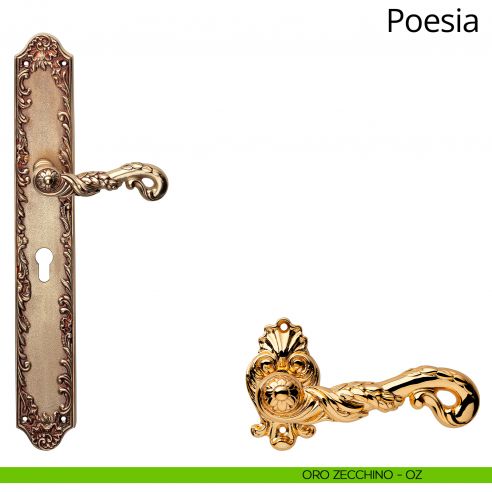 Maniglia con placca Big per porta Poesia Linea Calì - oro zecchino - foro yale