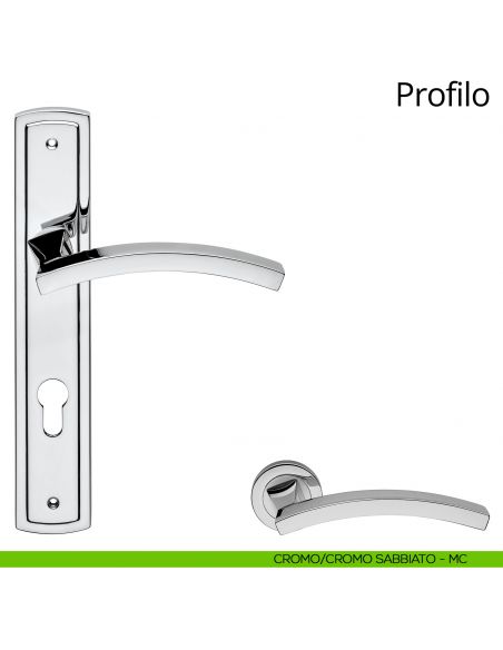 Maniglia con placca per porta Profilo Linea Calì - cromo sabbiato + cromo lucido - foro yale