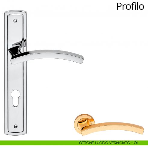 Maniglia con placca per porta Profilo Linea Calì - oro sabbiato + oro - foro yale