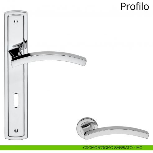 Maniglia con placca per porta Profilo Linea Calì - cromo sabbiato + cromo lucido - foro patent