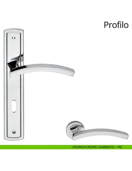 Maniglia con placca per porta Profilo Linea Calì - cromo sabbiato + cromo lucido - foro patent