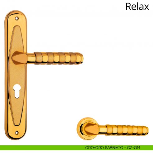 Maniglia con placca per porta Relax Linea Calì - oro zecchino + oro sabbiato - foro yale