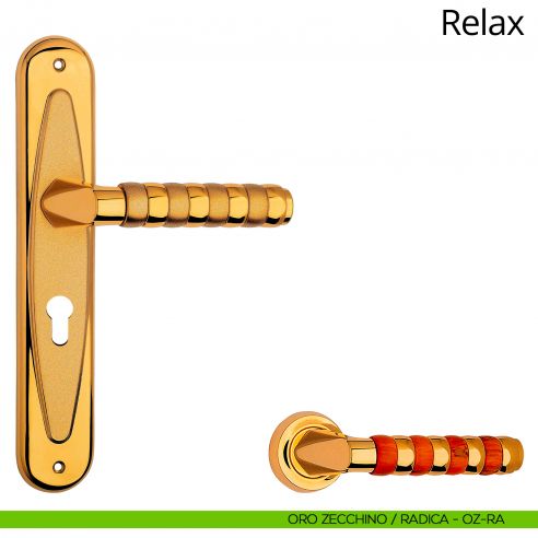 Maniglia con placca per porta Relax Linea Calì - oro zecchino + radica - foro yale