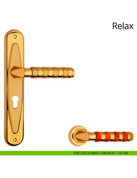 Maniglia con placca per porta Relax Linea Calì - oro zecchino + radica - foro yale
