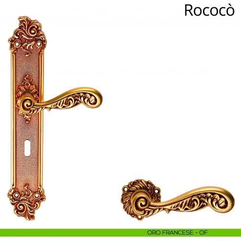 Maniglia con placca per porta Rococò Linea Calì - oro francese - foro patent