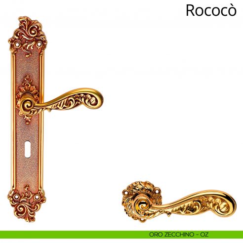 Maniglia con placca per porta Rococò Linea Calì - oro zecchino - foro patent