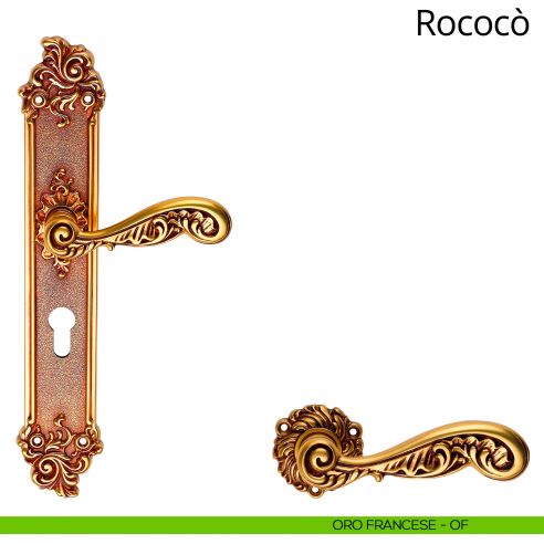 Maniglia con placca per porta Rococò Linea Calì - oro francese - foro yale