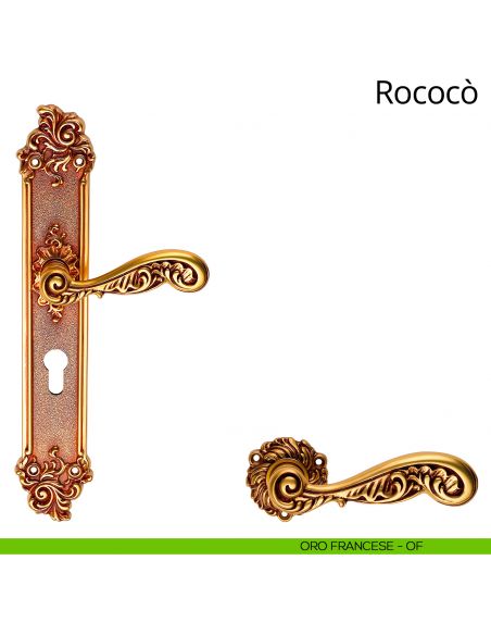 Maniglia con placca per porta Rococò Linea Calì - oro francese - foro yale