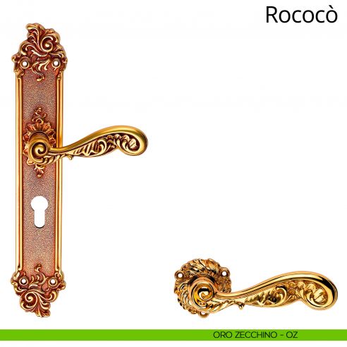Maniglia con placca per porta Rococò Linea Calì - oro zecchino - foro yale