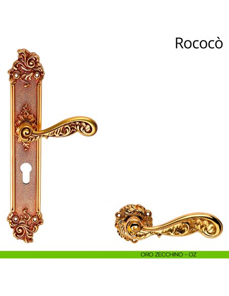 Maniglia con placca per porta Rococò Linea Calì - oro zecchino - foro yale