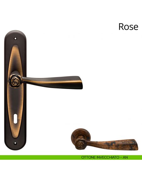 Maniglia con placca per porta Rose Linea Calì - ottone invecchiato - foro patent