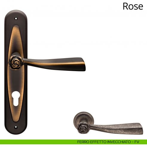 Maniglia con placca per porta Rose Linea Calì - ferro effetto invecchiato - foro yale