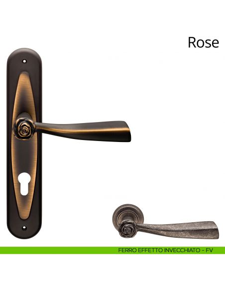 Maniglia con placca per porta Rose Linea Calì - ferro effetto invecchiato - foro yale