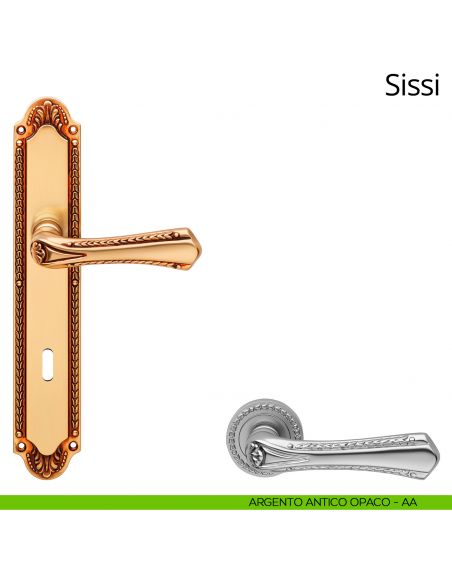 Maniglia con placca per porta Sissi Linea Calì - argento antico opaco - foro patent