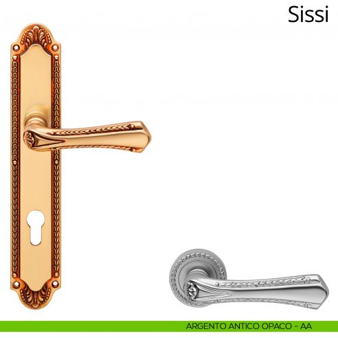 Maniglia con placca per porta Sissi Linea Calì - argento antico opaco - foro yale