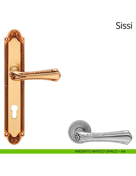 Maniglia con placca per porta Sissi Linea Calì - argento antico opaco - foro yale