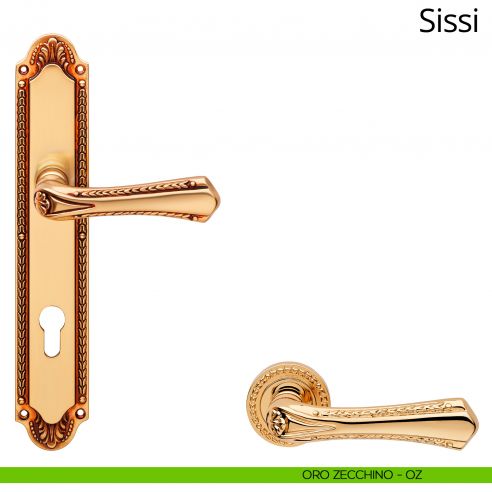 Maniglia con placca per porta Sissi Linea Calì - oro zecchino - foro yale