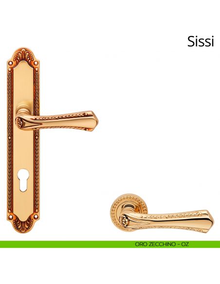 Maniglia con placca per porta Sissi Linea Calì - oro zecchino - foro yale