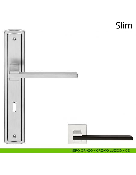 Maniglia con placca per porta Slim Linea Calì - nero opaco + cromo lucido - foro patent